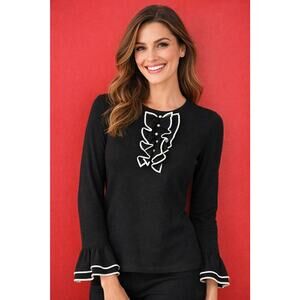 Tory Burch Black Ruffle Mesh Wool Blend Logo Buttons Gorgeous Sweater Size Med
